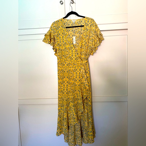 MAX STUDIO 💛YELLOW💛 FLORAL RUFFLE WRAP HIGH LOW MIDI SHORT SLEEVE DRESS🌟NWT🌟 - Picture 2 of 14